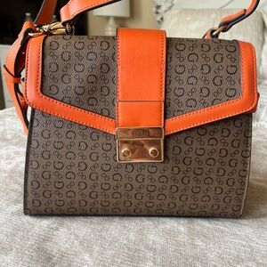 GUESS Brown Monogram Crossbody with Orange Trim and Gold Hardware